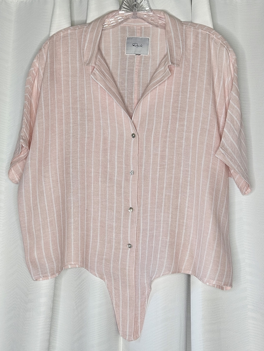 Rails linen blend pink w/ white stripes short sleeve button up shirt waist tie